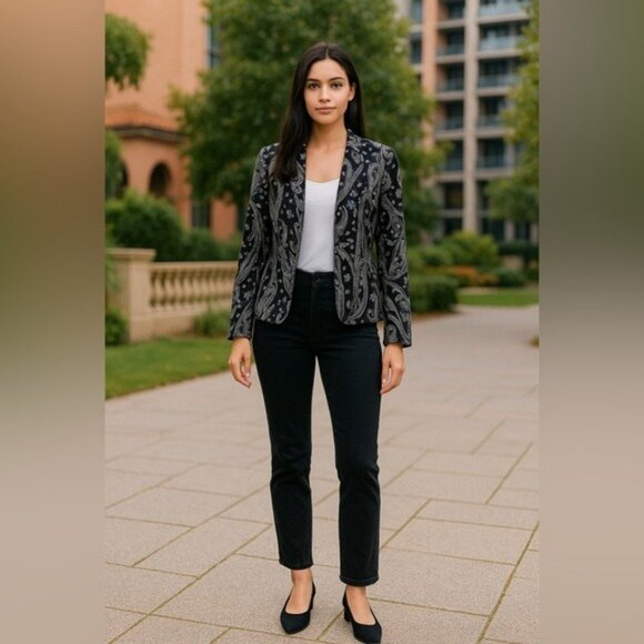 Chico’s Paisley Open Front Jacket Size 0 (4) Purple Black Gray Multicolor - Picture 2 of 12